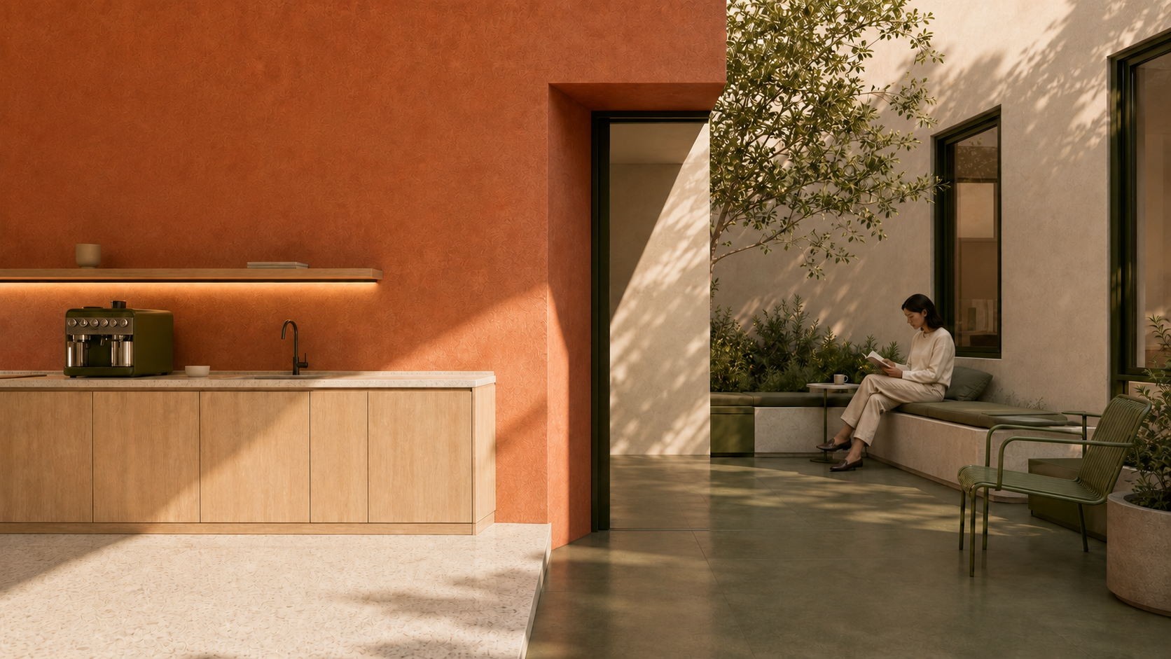 Cocina compartida que se abre hacia un tranquilo patio ajardinado